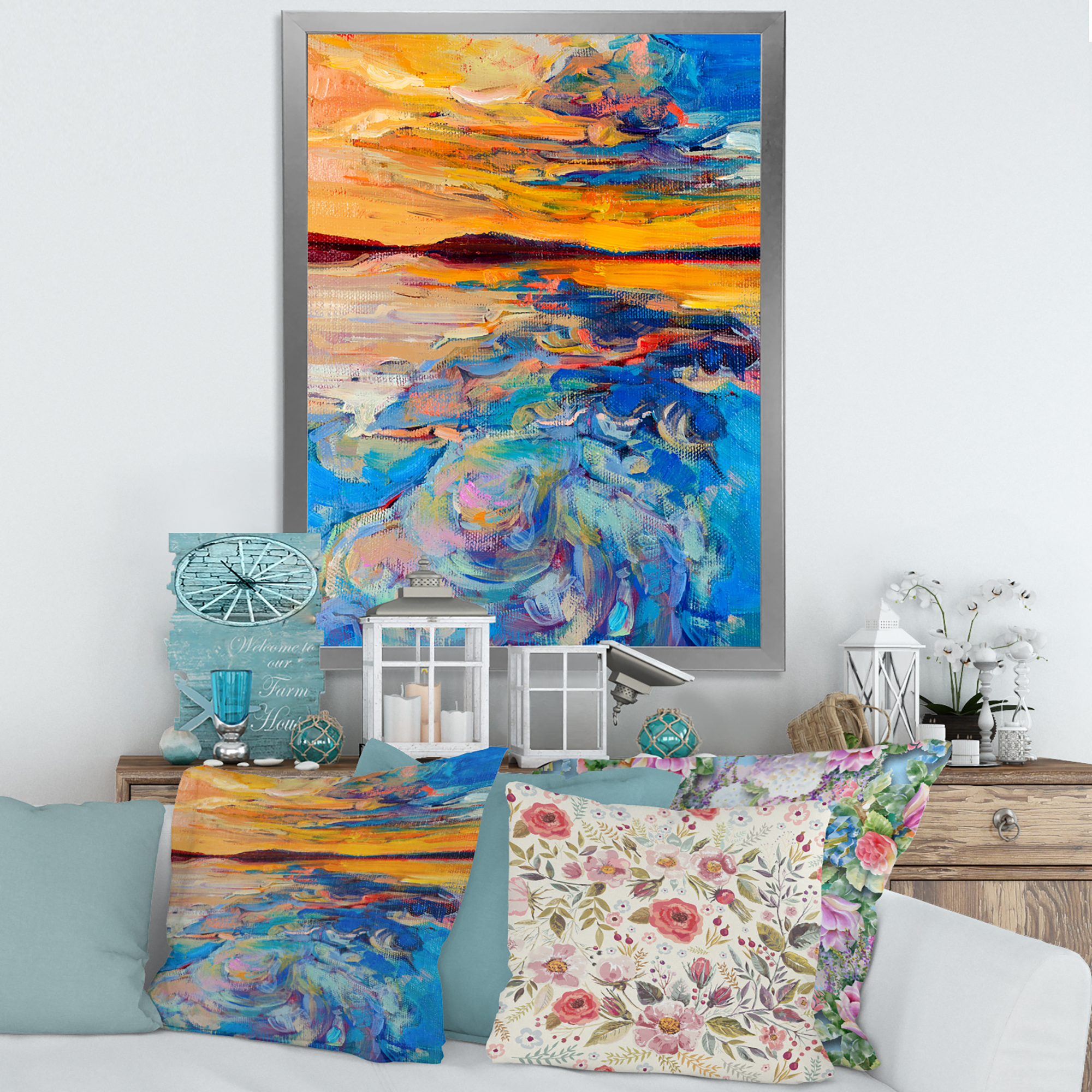 Designart 'Whirly Blue Waves Under Orange Sunset' Nautical & Coastal Framed Art Print