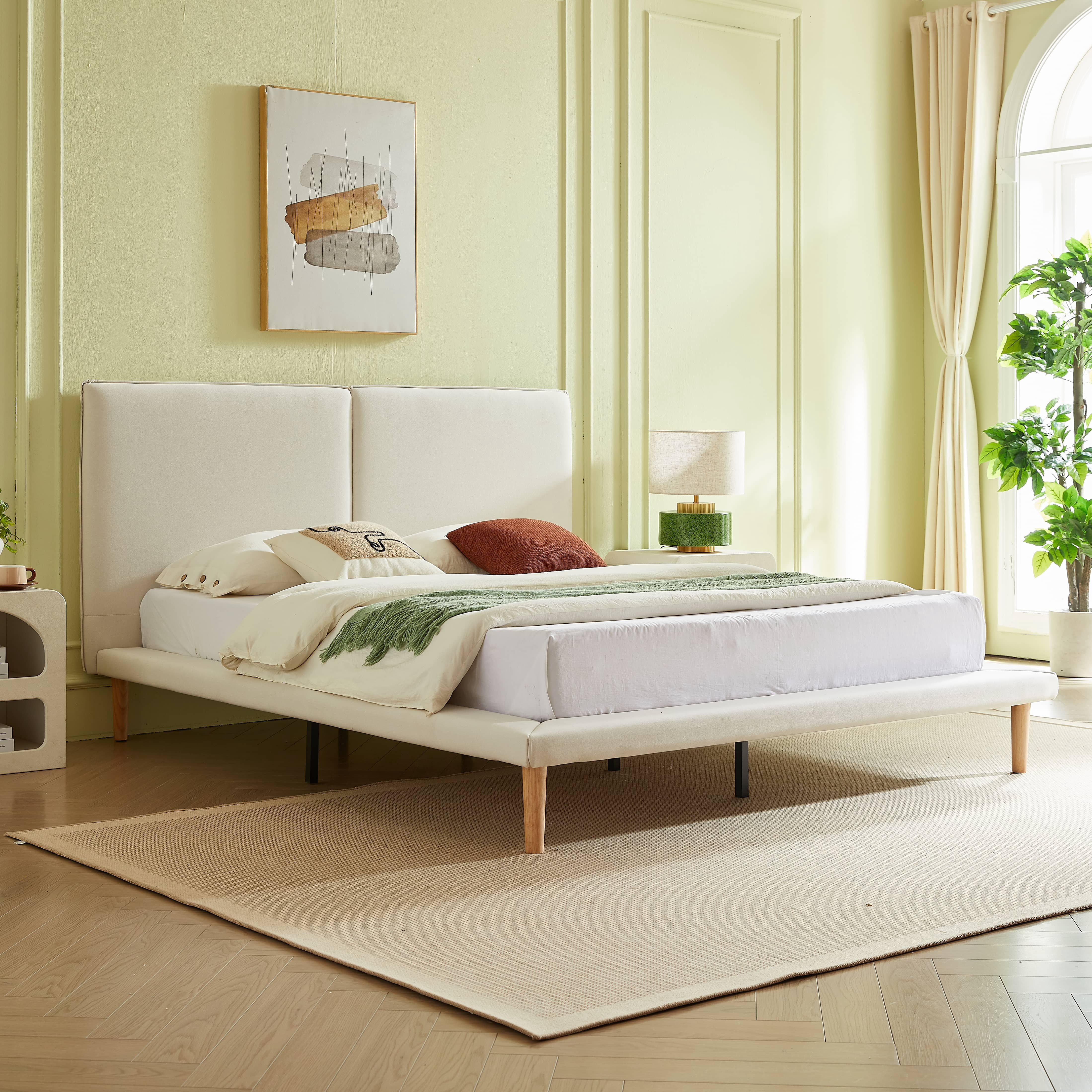 VELOCAVA Queen Size Upholstered Bed with Wood Legs, Wide Padded Headboard, Linen-Look Fabric, Beige