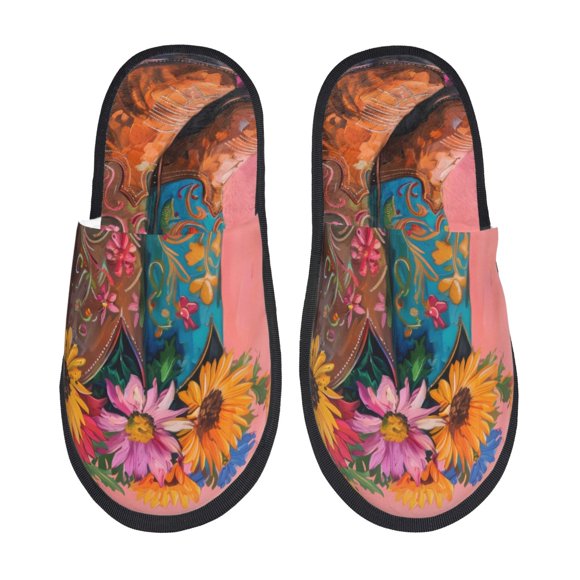Fotbe Cowboy Boots With Flowers Pantuflas Peludas para Mujer con Estampado, Zapatillas de Peluche, Zapatos de Invierno para Casa, Uso Interior y Exterior-Medium