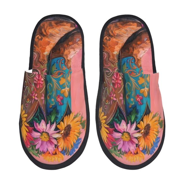 Fotbe Cowboy Boots With Flowers Pantuflas Peludas para Mujer con Estampado, Zapatillas de Peluche, Zapatos de Invierno para Casa, Uso Interior y Exterior-Large