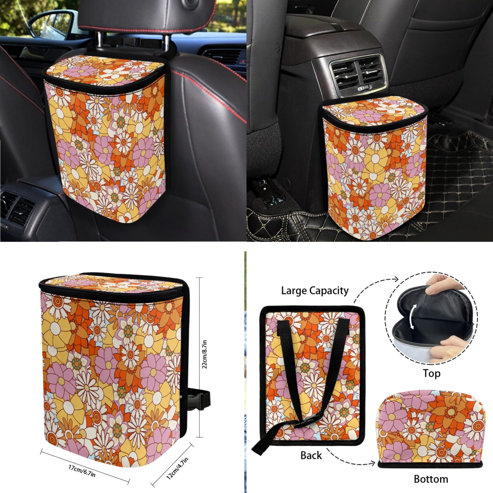 FORUDESIGNS Hippie Daisy Print 10 Pack Car Accessories Sets Scratch-Resistan Front Rear Seat Covers Car Trash Can Air Vent Pouch Steering Wheel Cover Cup Coasters Keychain for Vehicle SUV Truck