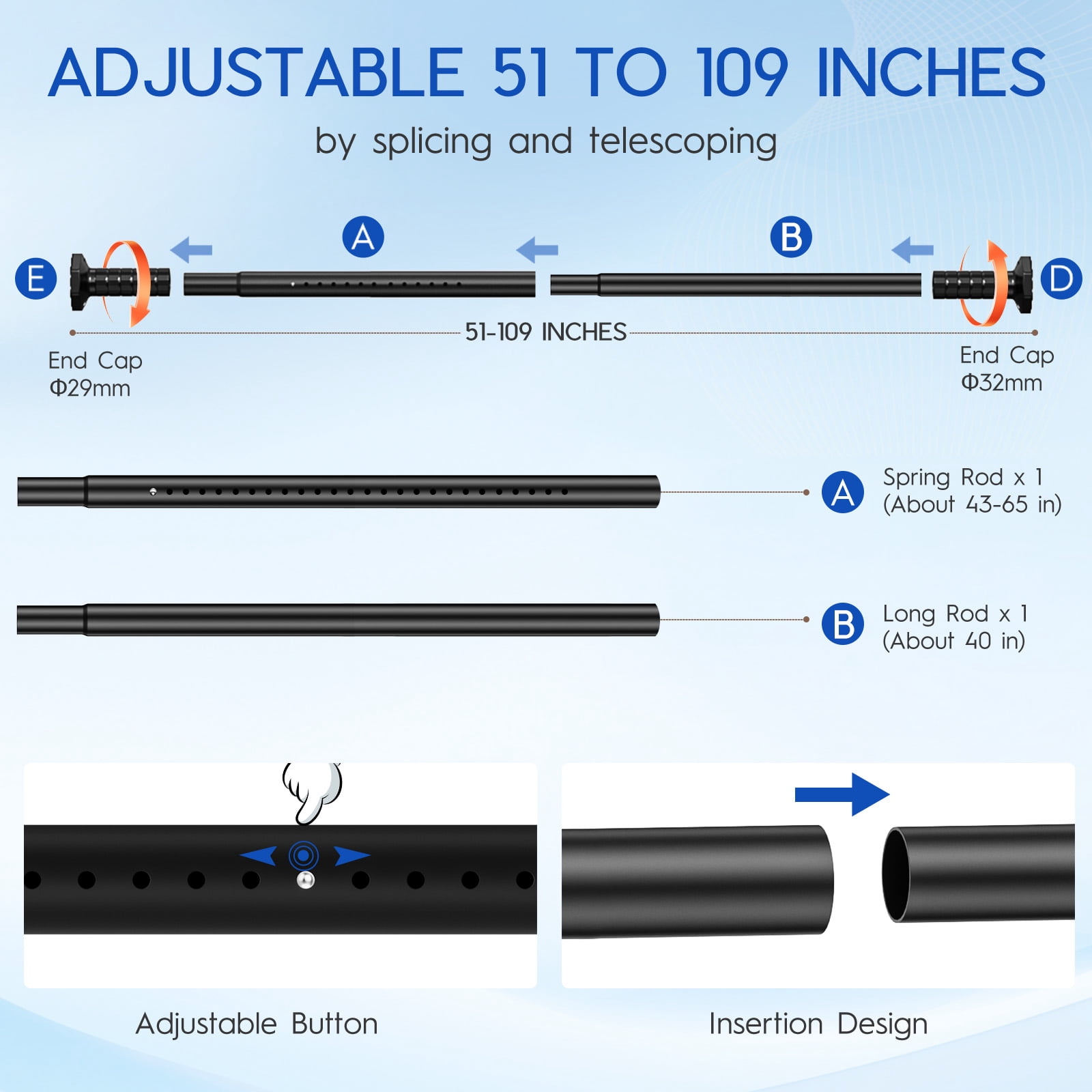GIRACOA 2-in-1 Adjustable Curtain Rod, No Drill Tension & Screw Mount, Octagon Anti-Slip Base, Holds 40 lbs, Rust-Resistant for Bathroom Bedroom Living Room Patio (51-109 Inch, Black)