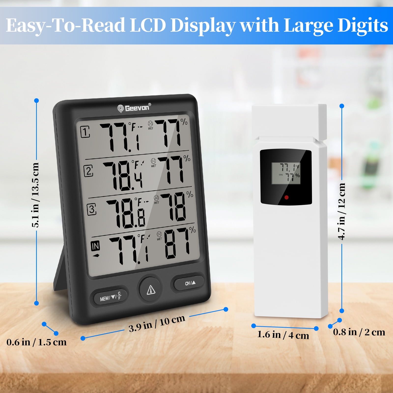 Geevon Indoor Outdoor Thermometer Wireless with 3 Remote Sensors, Wireless Thermohygrometer, Digital Temperature Humidity Meter with 200FT/60M Range(Black)