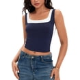 thumbnail image 1 of ATHLECHIC Camiseta sin mangas de cuello cuadrado para mujer, top corto de verano con bloques de color, M Azul oscuro, 1 of 5