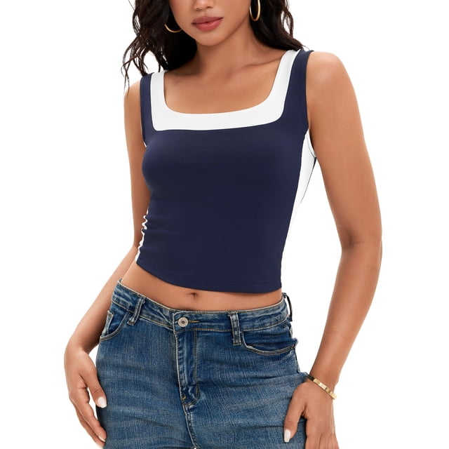ATHLECHIC Camiseta sin mangas de cuello cuadrado para mujer, top corto de verano con bloques de color, M Azul oscuro