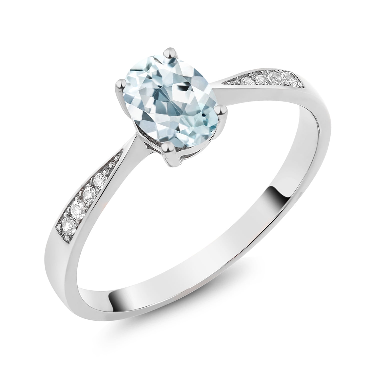 Gem Stone King 10K White Gold Sky Blue Aquamarine and White Diamond Engagement Ring for Women (0.78 Cttw, Gemstone March Birthstone, Oval 7X5MM, Available in Size 5, 6, 7, 8, 9)