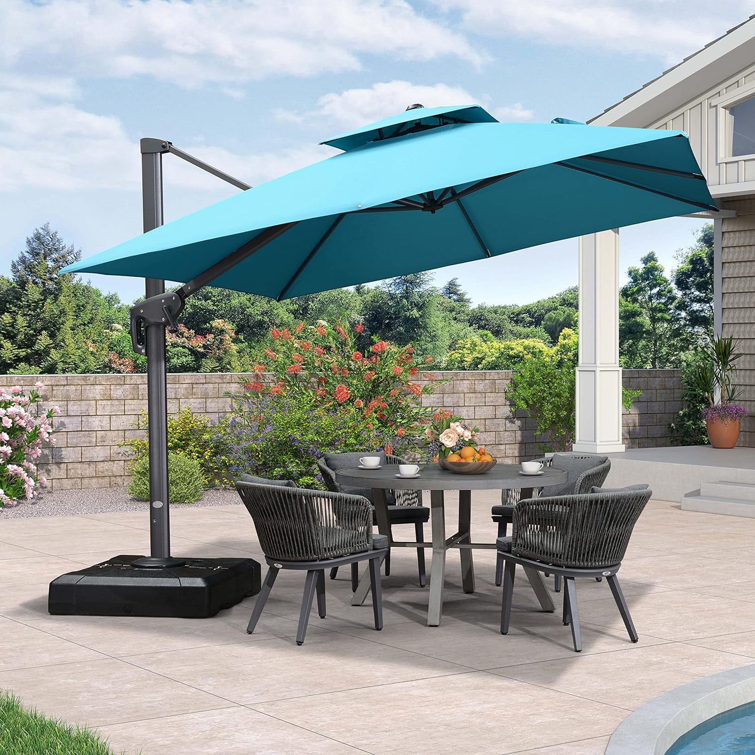 PURPLE LEAF Outdoor Cantilever Umbrellas 10FT Square Large Patio Umbrella Offset Umbrella with 360°Rotation Tilting And Hanging Double Top, Turquiose Blue