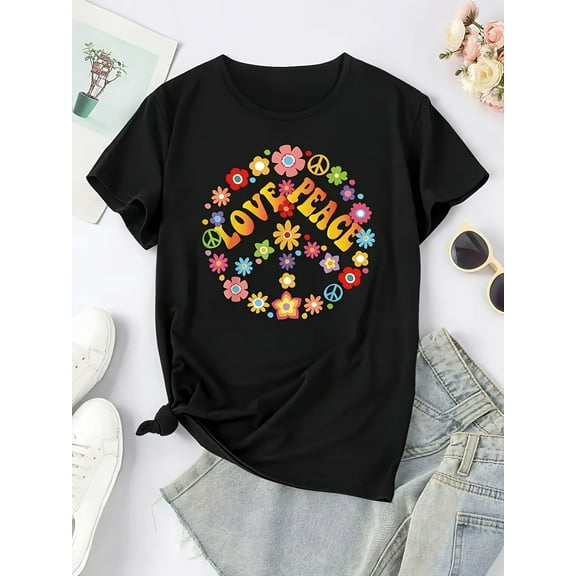 Women's "LOVE" Peace Sign Floral Print Wreath Graphic T-Shirt - Casual Black Short Sleeve Top with Colorful Design, Breathable Polyester Blend, Perfect for Spring & Summer