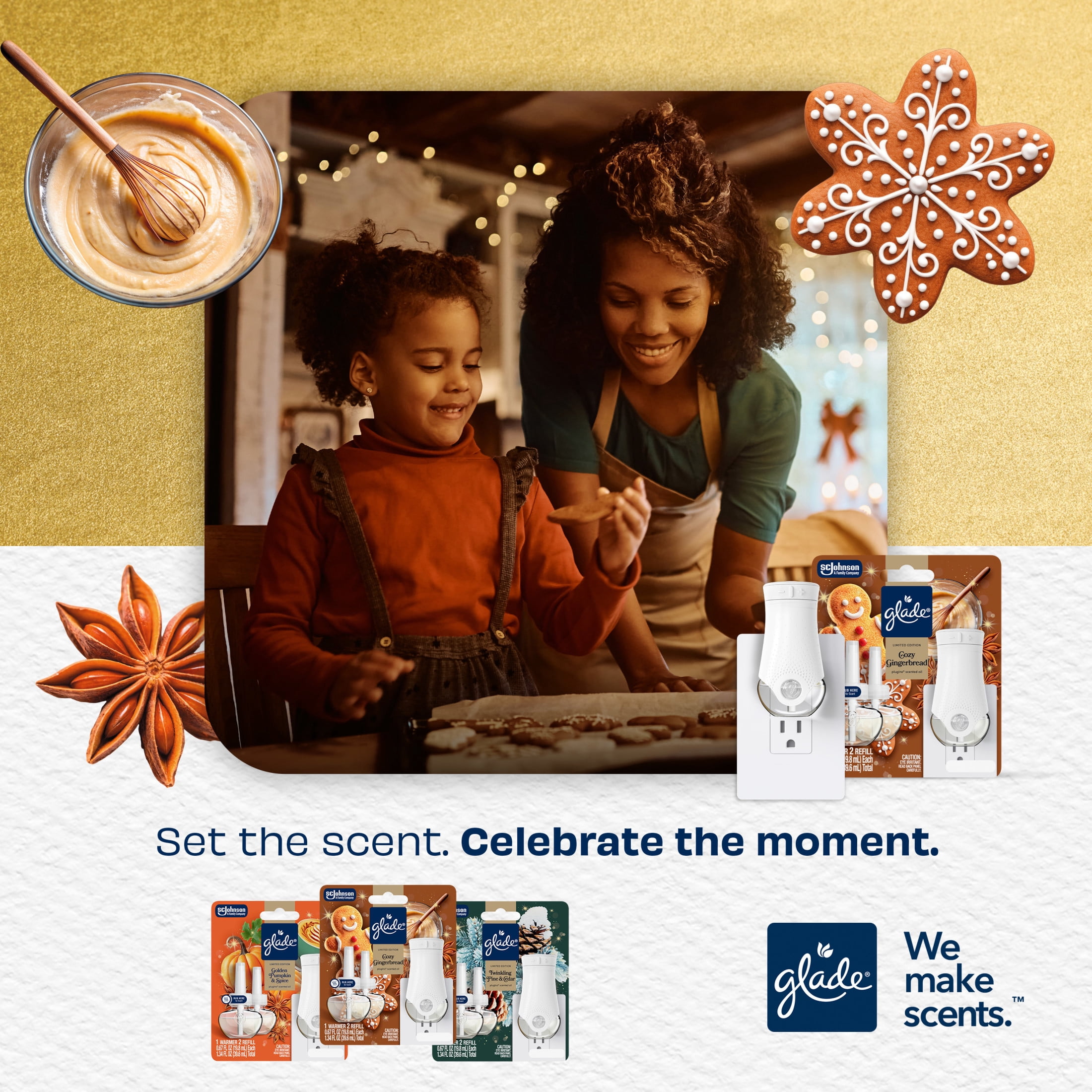 Glade® PlugIns® Starter Kit, Air Freshener, Cozy Gingerbread, 1.34 fl oz, 1 Warmer + 2 Refills