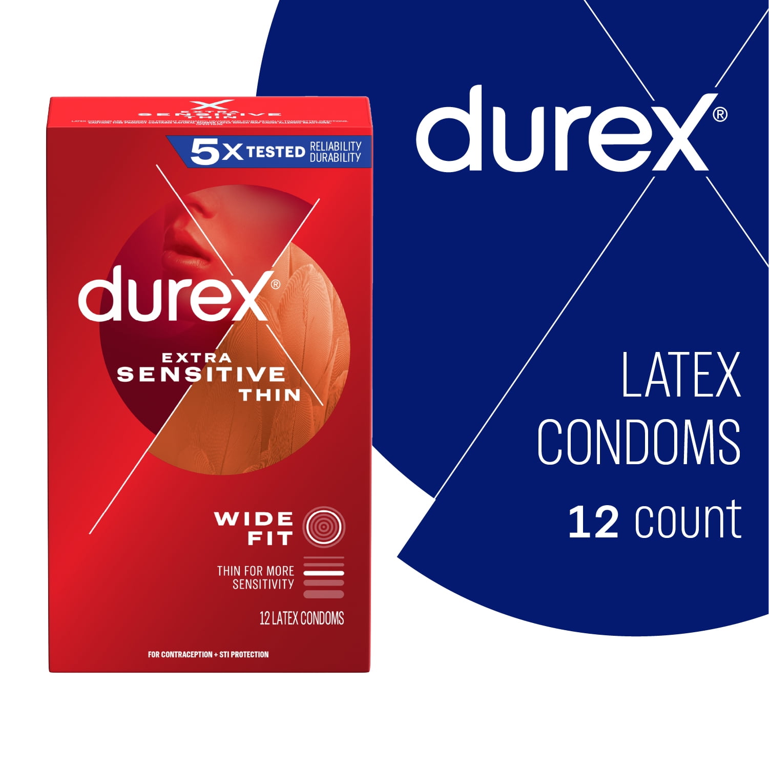 Durex Extra Sensitive Lubricated Ultra Thin Premium Latex Condoms, Wide Fit, 12 Count