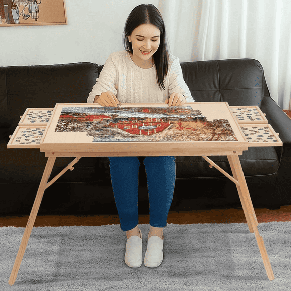 Jolicasa 27.6"H Wooden Puzzle Table for Adults,1500PCS Jigsaw Puzzle Board with 4 Sorting Drawers and Translucent Cover