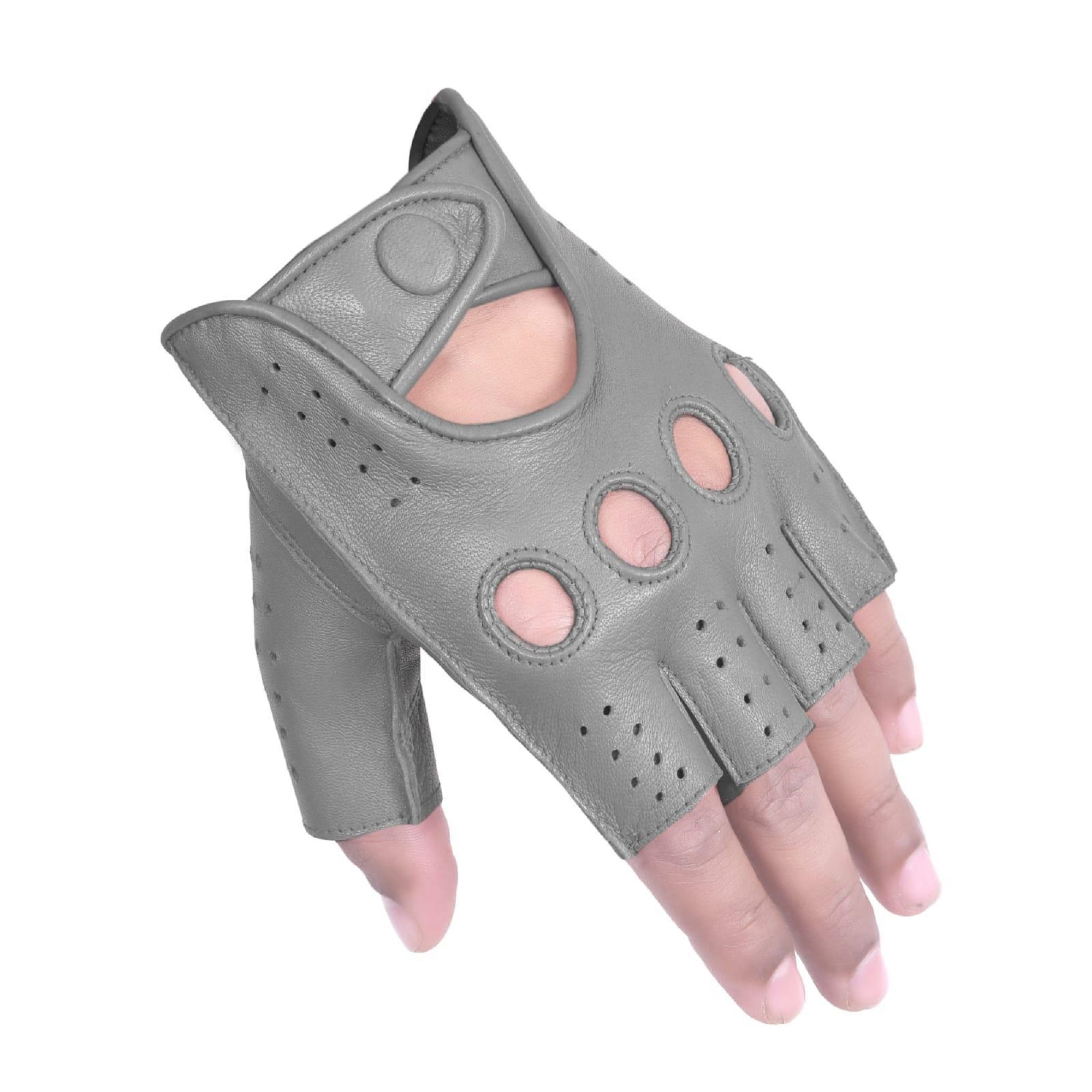 Driving Half Finger Finger less Knuckle Holes For Men Genuine Motorcycle Leather Gloves Light Grey Large