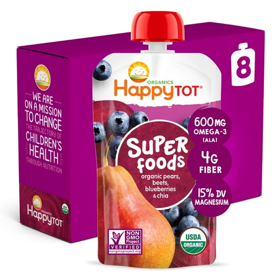 (8 Pouches) Happy Tot Superfoods, Stage 4, Organic Toddler Food, Pears, Blueberries & Beets   Super Chia, 4.22 oz