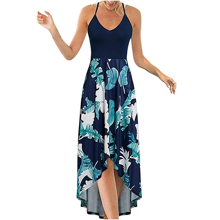 Women Asymmetrical Sundress Women s V Neck Sleeveless Halter Long Dress Casual Summer Sundresses Boho Floral Maxi Dresses