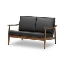 Baxton Studio Venza Mid-Century Modern Walnut Wood Black Faux Leather 2-Seater Loveseat