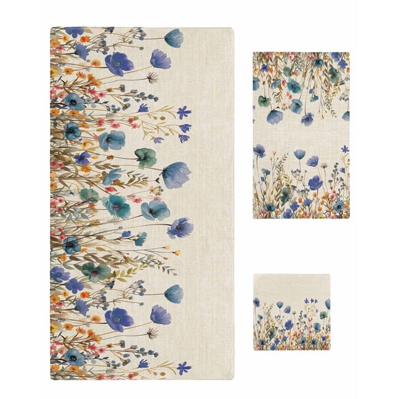 Blue Teal Spring Floral Towel Set of 3, Soft Microfiber Bath Towels, Hand Towel, Washcloths, Watercolor Botanical Summer Flowers Quick-Dry Absorbent Towels for Bathroom Kitchen Hotel Beach Gym Spa