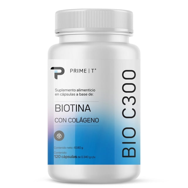 Suplemento de Biotina Orgánica BIO-C300 Primetech con 300mcg, 120 Cápsulas sin sabor, con Colágeno Hidrolizado para fortalecer piel, cabello y uñas
