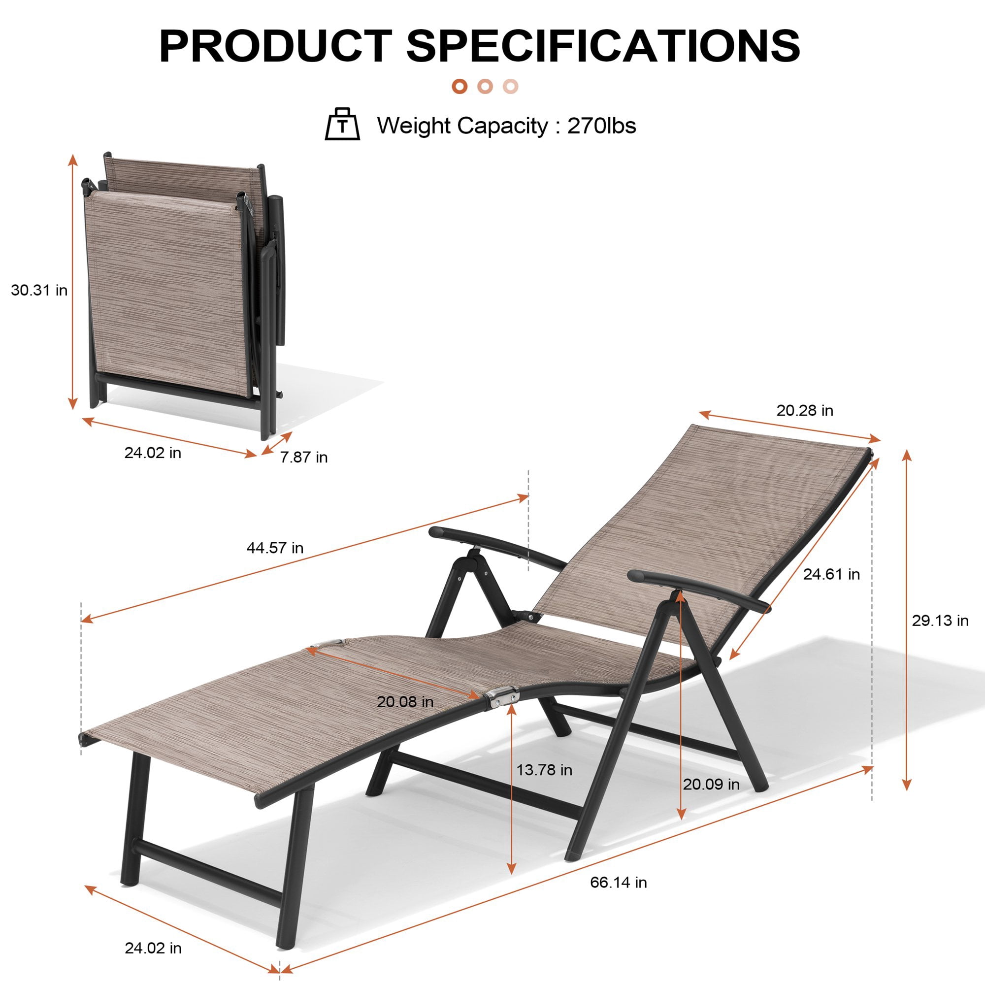 Crestlive Products 2PCS Espresso Outdoor Chaise Lounge Chairs Aluminum Folding Recliners