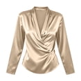 thumbnail image 2 of Vivianyo HD Women's Wrap V Neck Satin Blouses, Irregular Ruched Long Sleeve Solid Casual Silky Tops for Women, Women's Gold, Sizes S-3XL, 2 of 5
