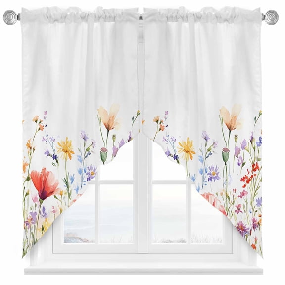 Pastoral Wild Flowers Swag Valances for Windows 2 Pack Farmhouse Floral Leaves Plants Swag Kitchen Curtains 36 Inches Long Rod Pocket Short Window Treatment for Kitchen Bathroom 36"x36"