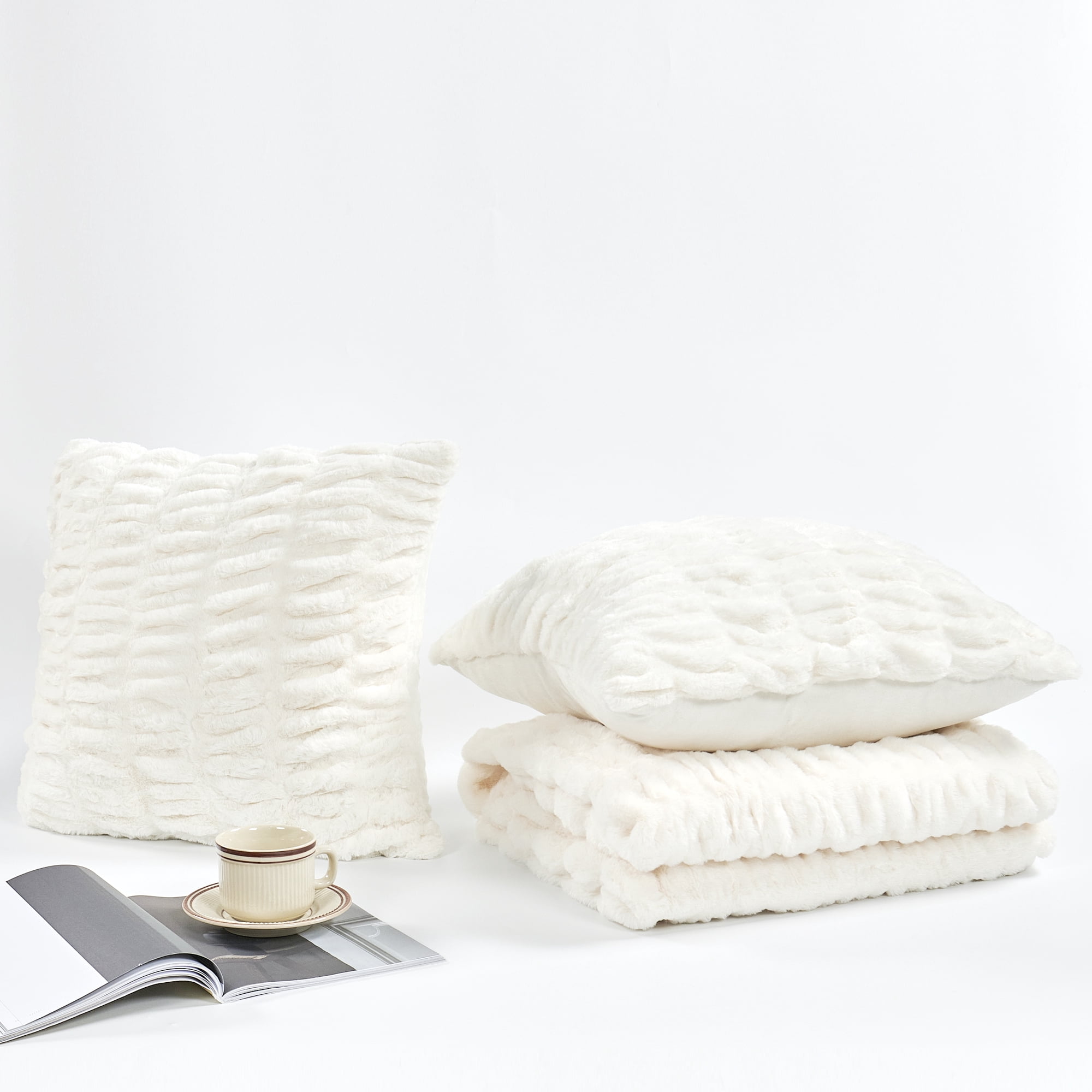 Home Soft Things Faux Fur Shar Pei Throw & Pillow Cover Combo - Cloud Dancer - 60" x 80"/20" x 20"