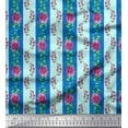 thumbnail image 1 of Soimoi Blue Japan Crepe Satin Fabric Leaves,Pink Flower & Stripe Printed Fabric 1 Yard 42 Inch Wide, 1 of 3