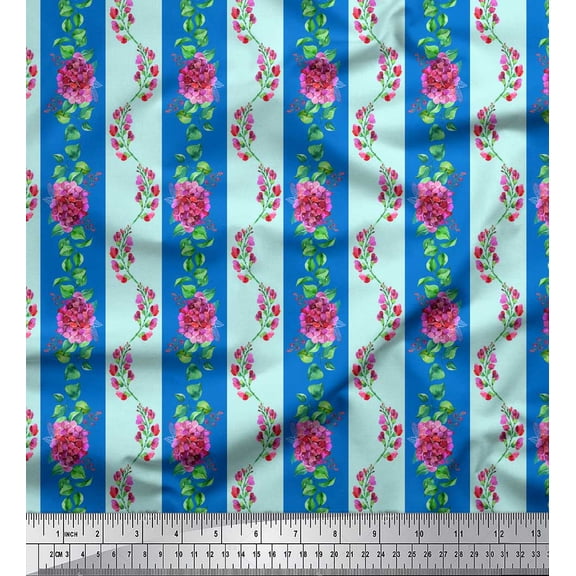 Soimoi Blue Cotton Voile Fabric Leaves,Pink Flower & Stripe Decor Fabric Printed BTY 42 Inch Wide
