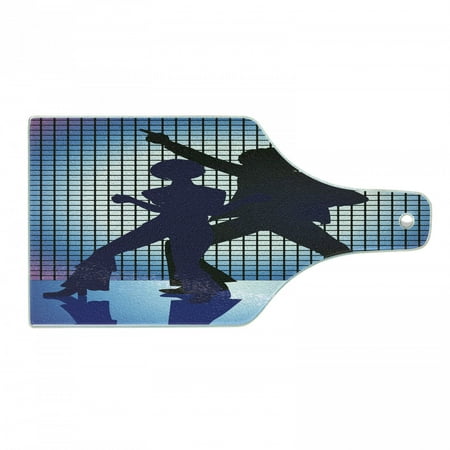 

70s Party Cutting Board Couple Silhouettes on the Dance Floor in Night Life Oldies Seventies Fun Tempered Glass Cutting and Serving Board Wine Bottle Shape Blue Purple Black by Ambesonne