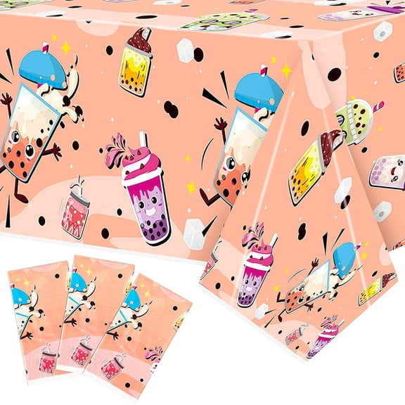 Belanttega Bubble Tea Tablecloth 3-Piece Set, Cute Boba Themed Party Decorations with Drink Pattern Table Cover for Birthday Dining Decor