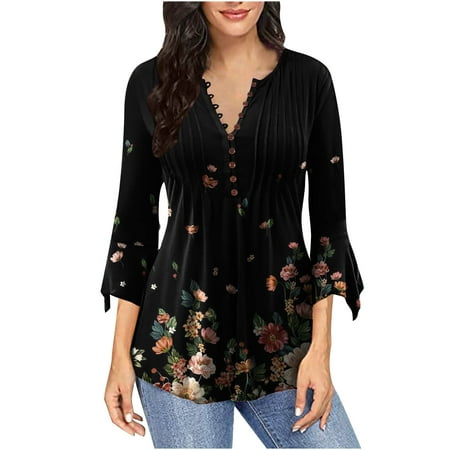 

Tops for Women Casual Fall Shirts for Women Women s Casual Trumpet 3/4 Sleeve Printing Buttoned Basic Ruched Corset Tunic Tops Pleated T-shirts Blouses Flannel Shirts for Women