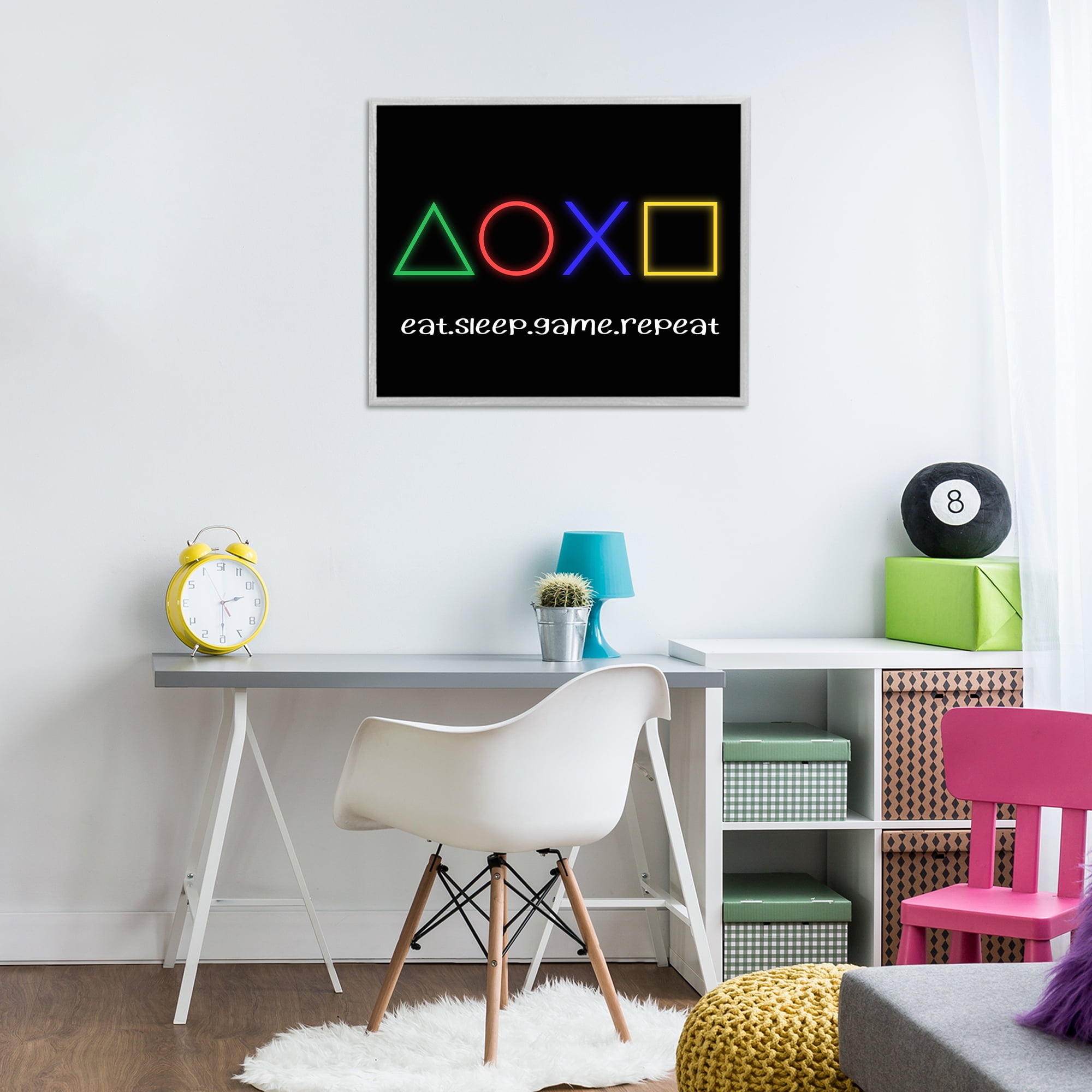 Neon Gaming Symbols & Words Gray Framed Giclee Art, design by Christine Simpson Art
