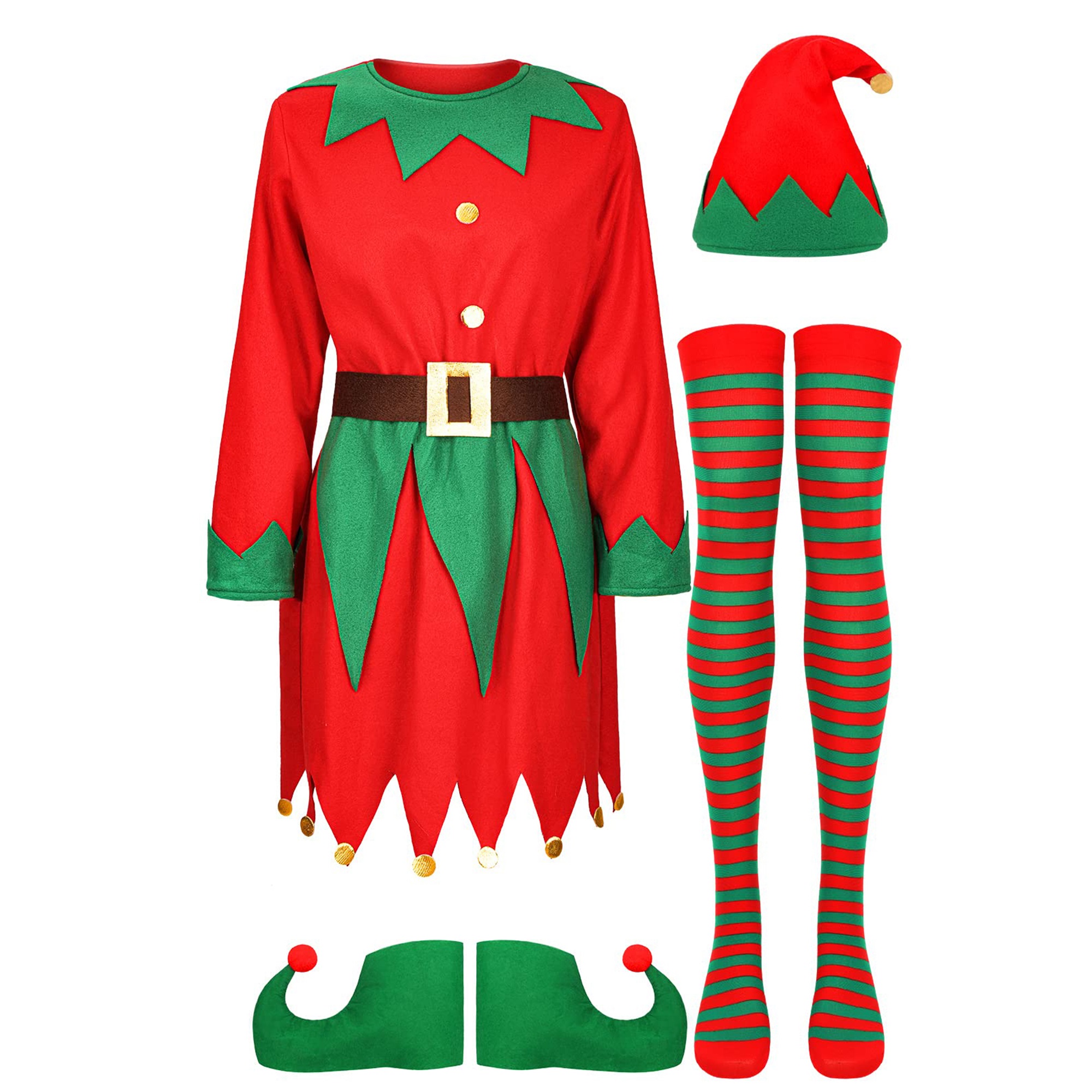 Douhoow Women Christmas Elf Girl Costume, Long Sleeve Dress+Hat+Shoes+Striped Stockings - image 2 of 9