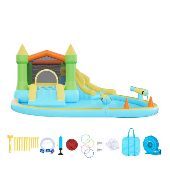 KFFKFF Inflatable Bounce House with Slide, 12.5 x 13.1 x 6.5 ft Play Castle Featuring Basketball Hoop, Splash Pool, and Water Ring Toss, Suitable for 3-4 Kids Ages 3-8