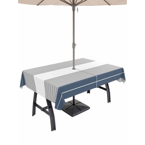Outdoor Tablecloth with Umbrella Hole, Haze Blue Grey Stripe Spillproof Waterproof Outdoor Table Cover, Modern Art Horizontal Striped Patio Tablecloths for Party Picnic Camping, Rectangle 60"x102"
