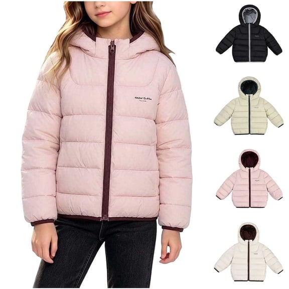 Boys Girls Hooded Cotton Jacket Quilted Down Winter Zip Up Outerwear with Contrast Trim Warm Packable Coat