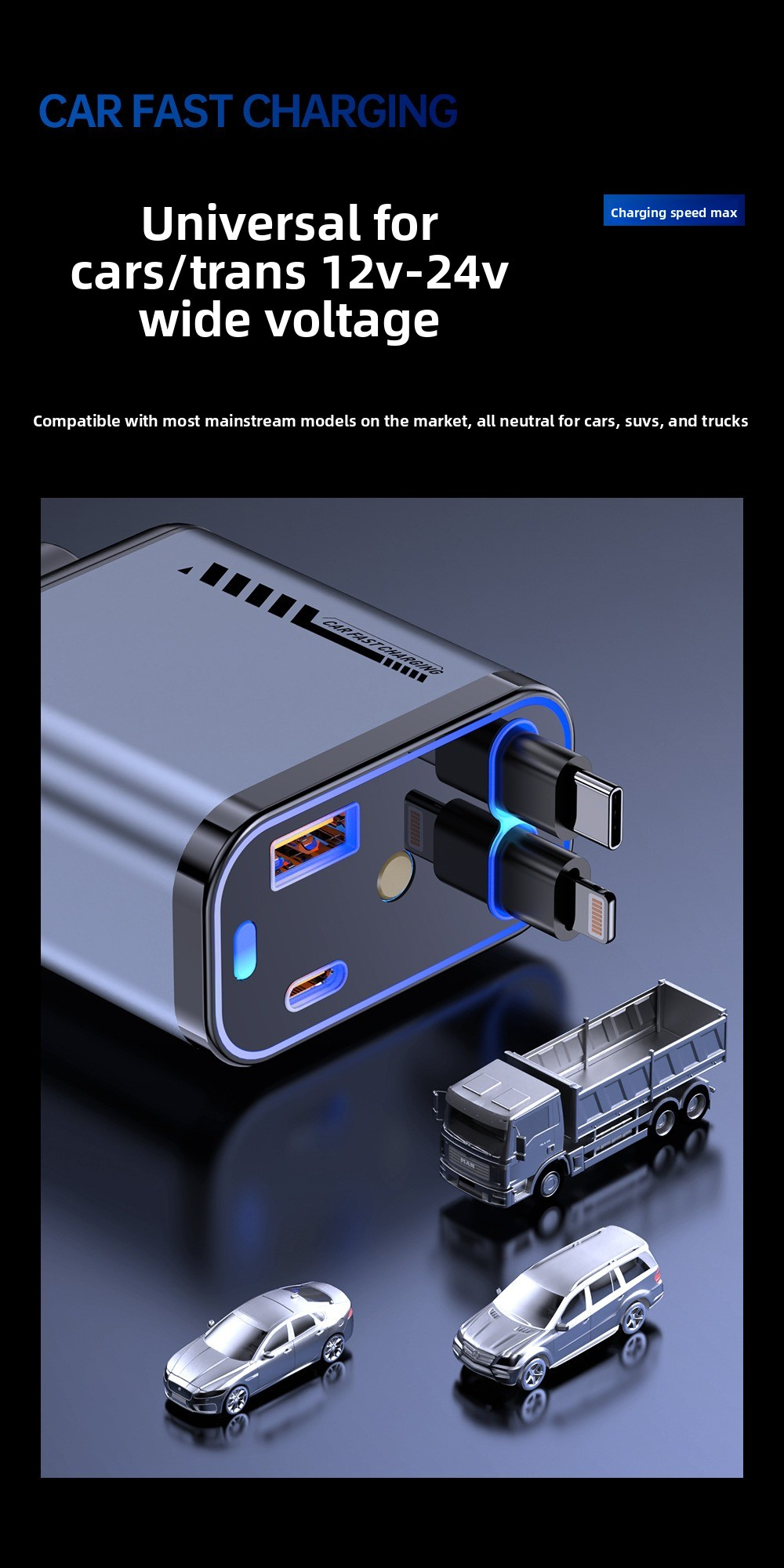 120W USB C Fast Car Charger with PD Quick Charge, 4 in 1 Retractable Cable Cigarette Lighter Car Charger, 180° Rotating Head, for iPhone and Android