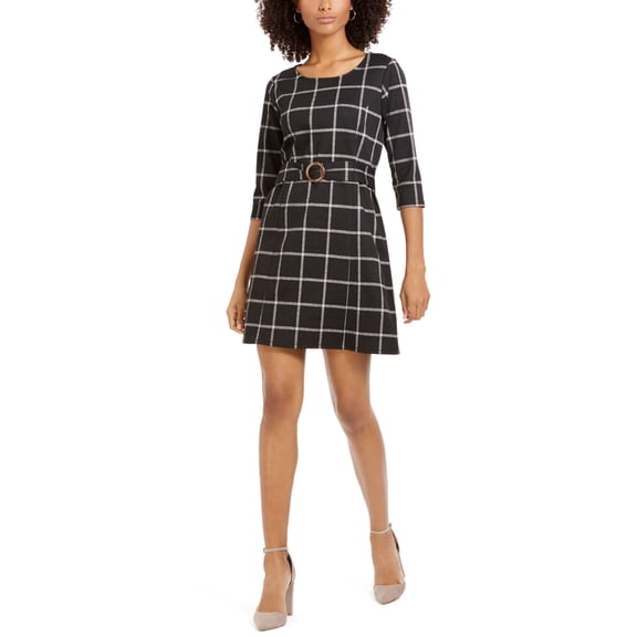 NY Collection Petite Plaid Belted Shift Dress Jet Stipplaid PS