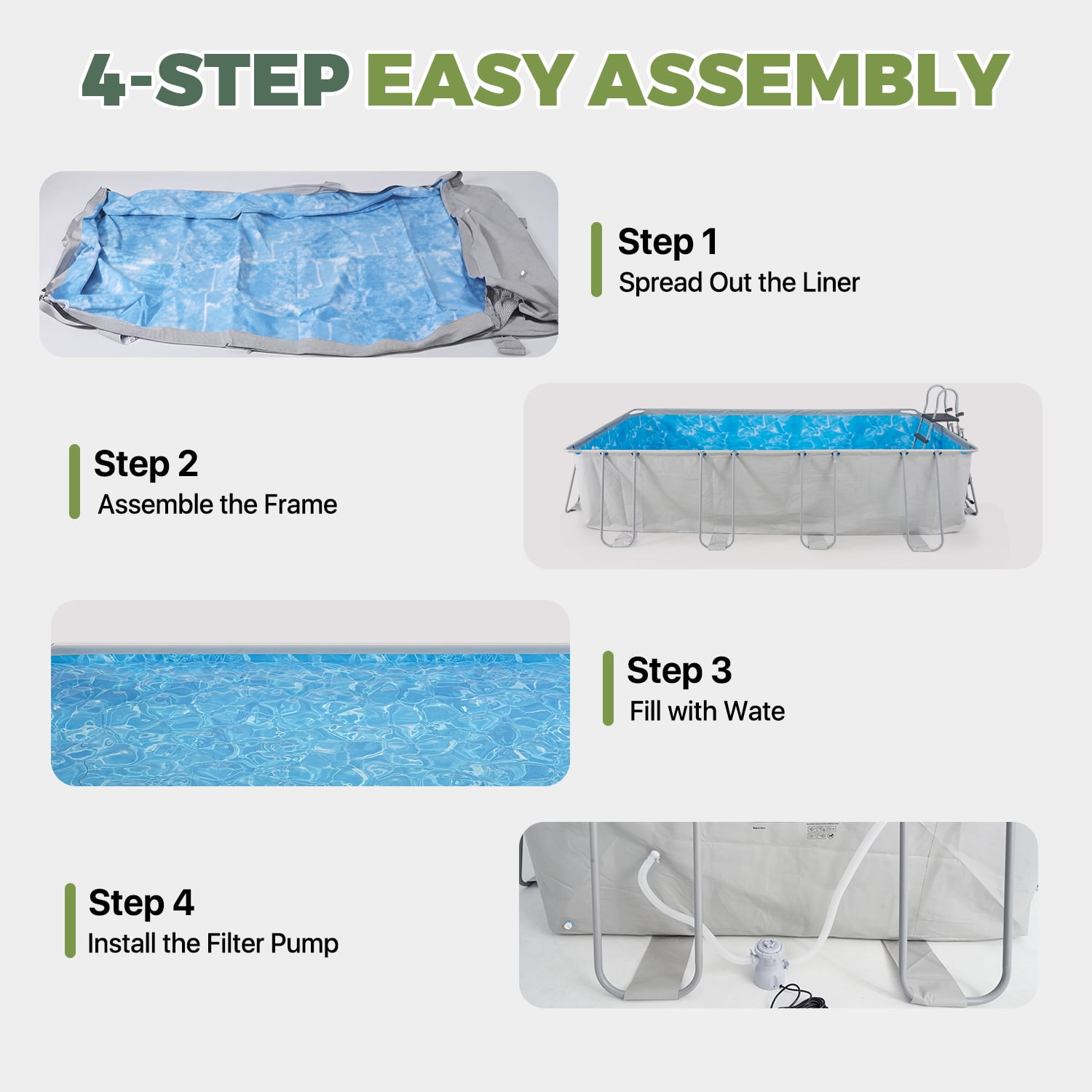 BaPiPro 18' U-Frame Swimming Pool, Gray, Thickened PVC Liner, with Filter Pump, Removable Ladder & Pool Cover, Spacious for Multiple People, Perfect for Parties and Daily Summer Use