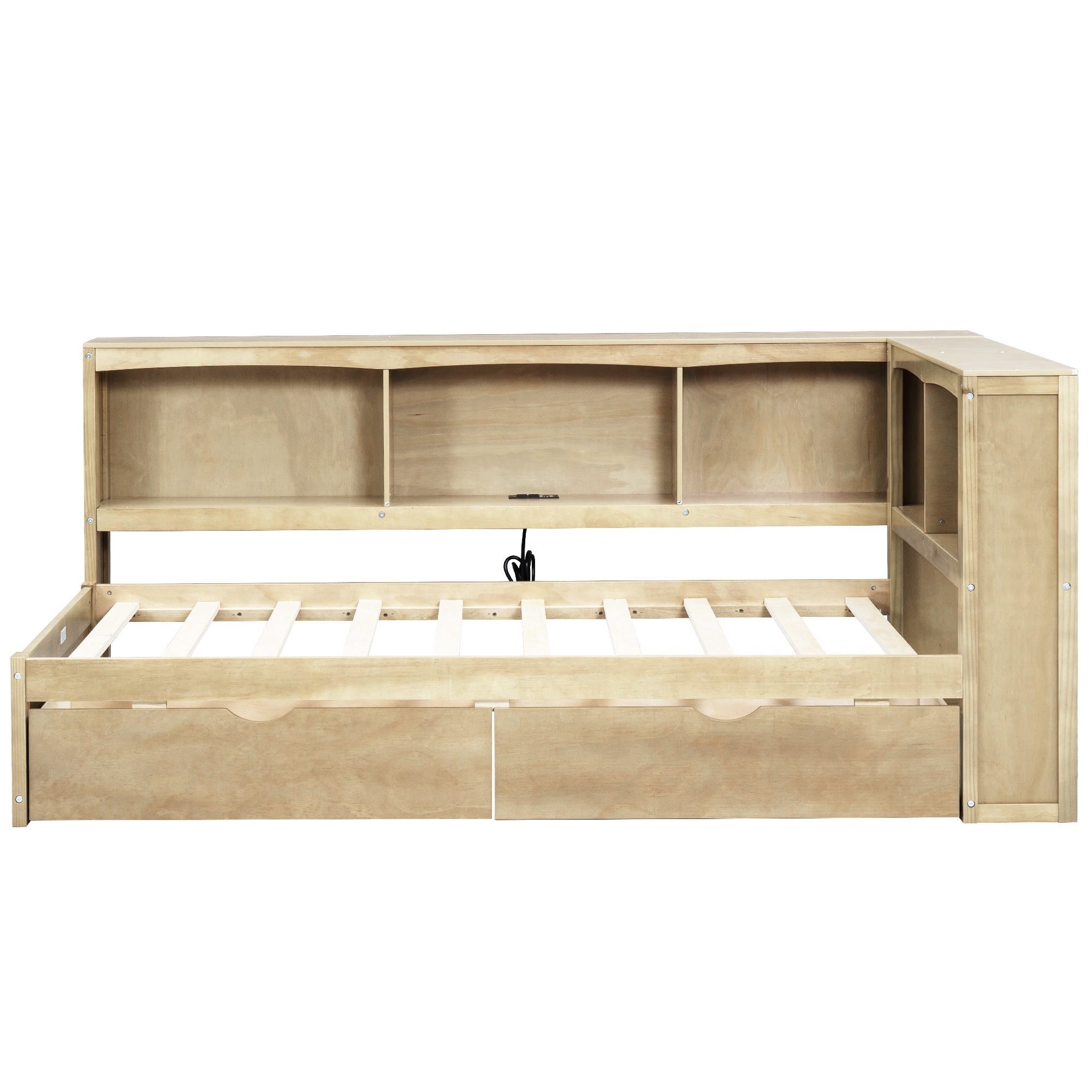 Alvantor Twin Size Daybed with Bookcase and USB Ports, Corner Bed Frame With Storage Drawers & Cabinets, Natural Wood