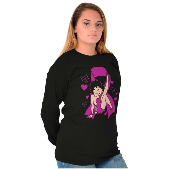 Betty Boop Breast Cancer Pink Ribbon Women Plus Size Long Sleeve Graphic Tee Brisco Brands 2X