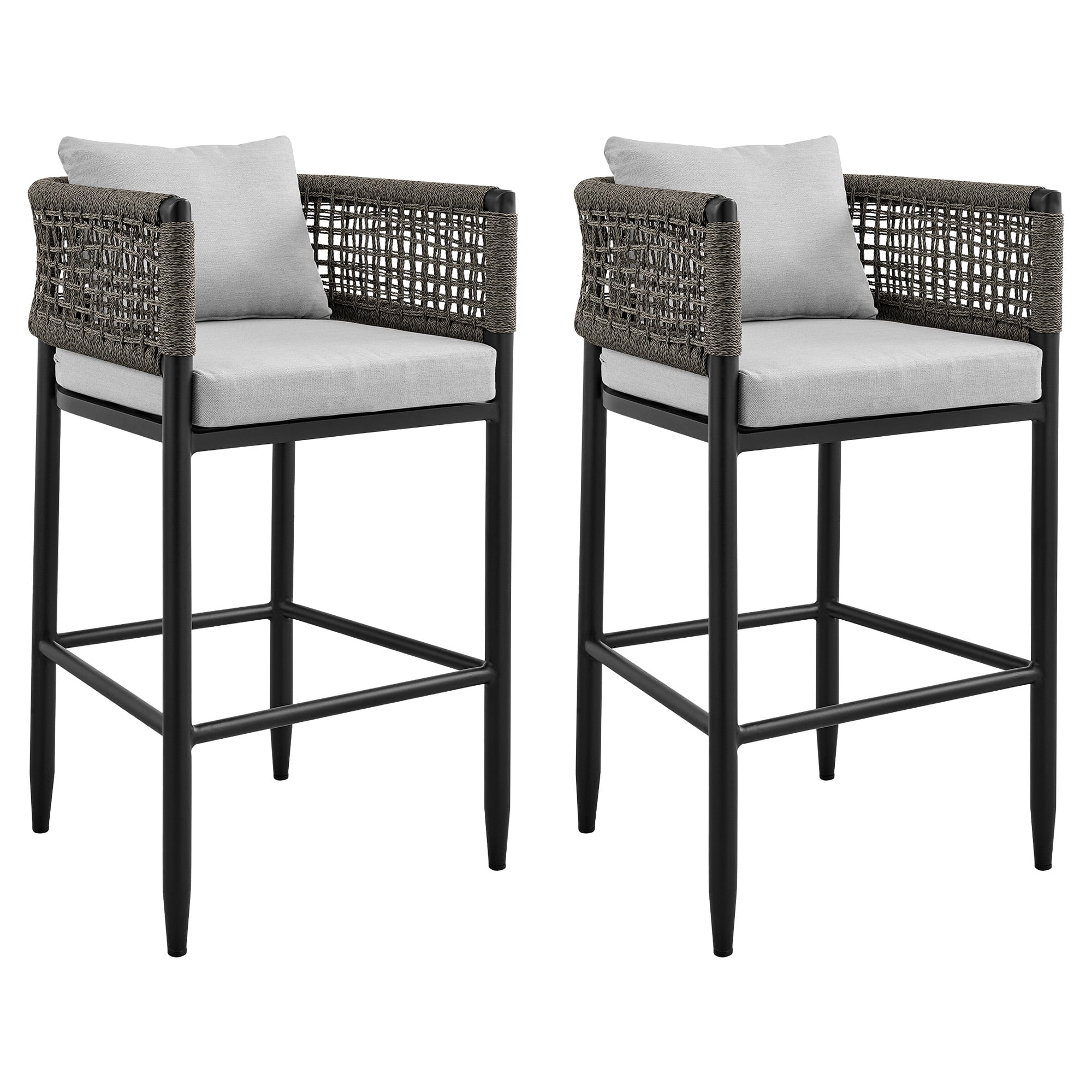 Alegria Outdoor Patio Bar Stool in Aluminum with Gray Rope and Cushions - Set of 2