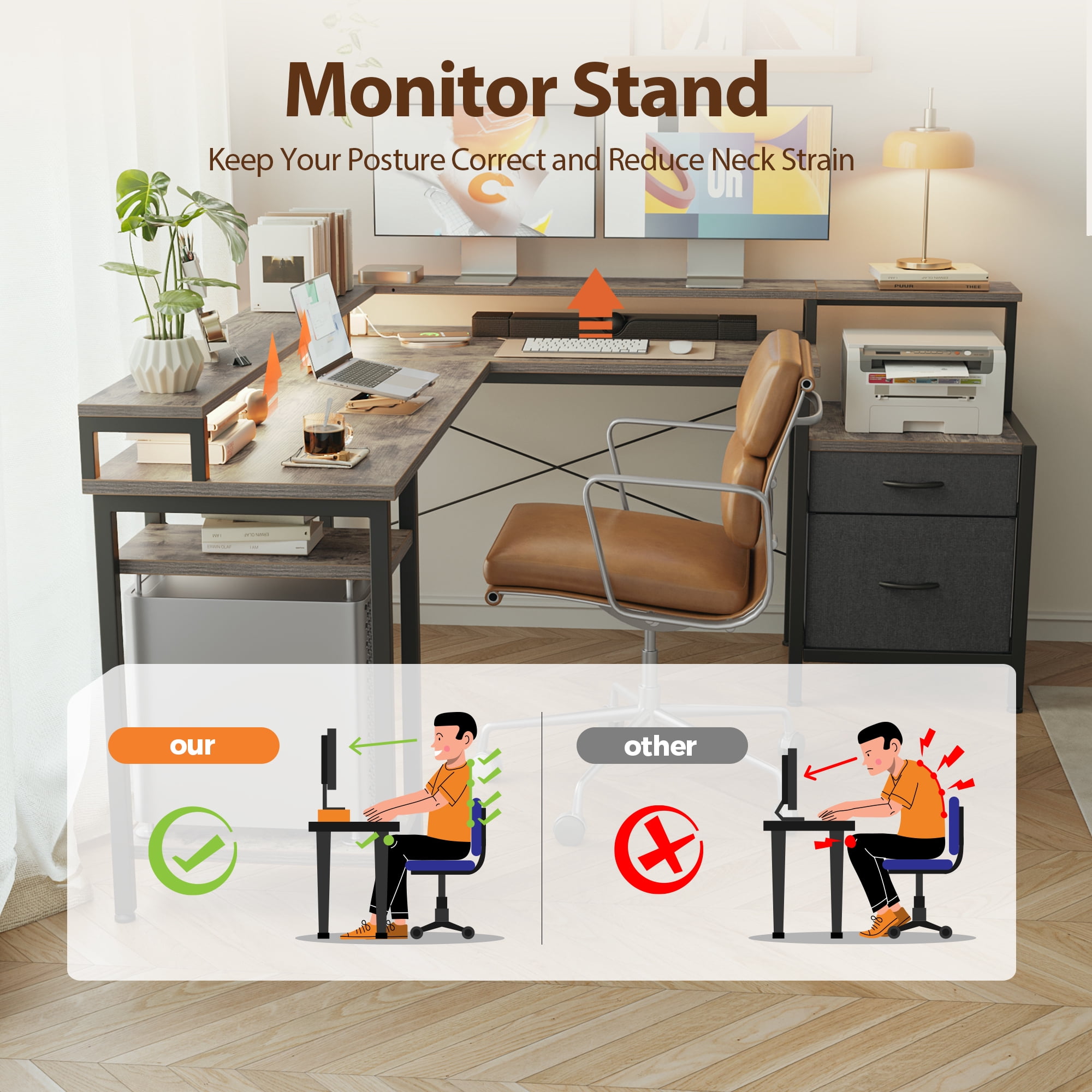 66.93 Inch L-Shaped Desk with Storage Drawers, Gaming Desk with Power Outlet & LED Light Strip, Corner Computer Desk with Shelves for Home Office Workstations, Grey