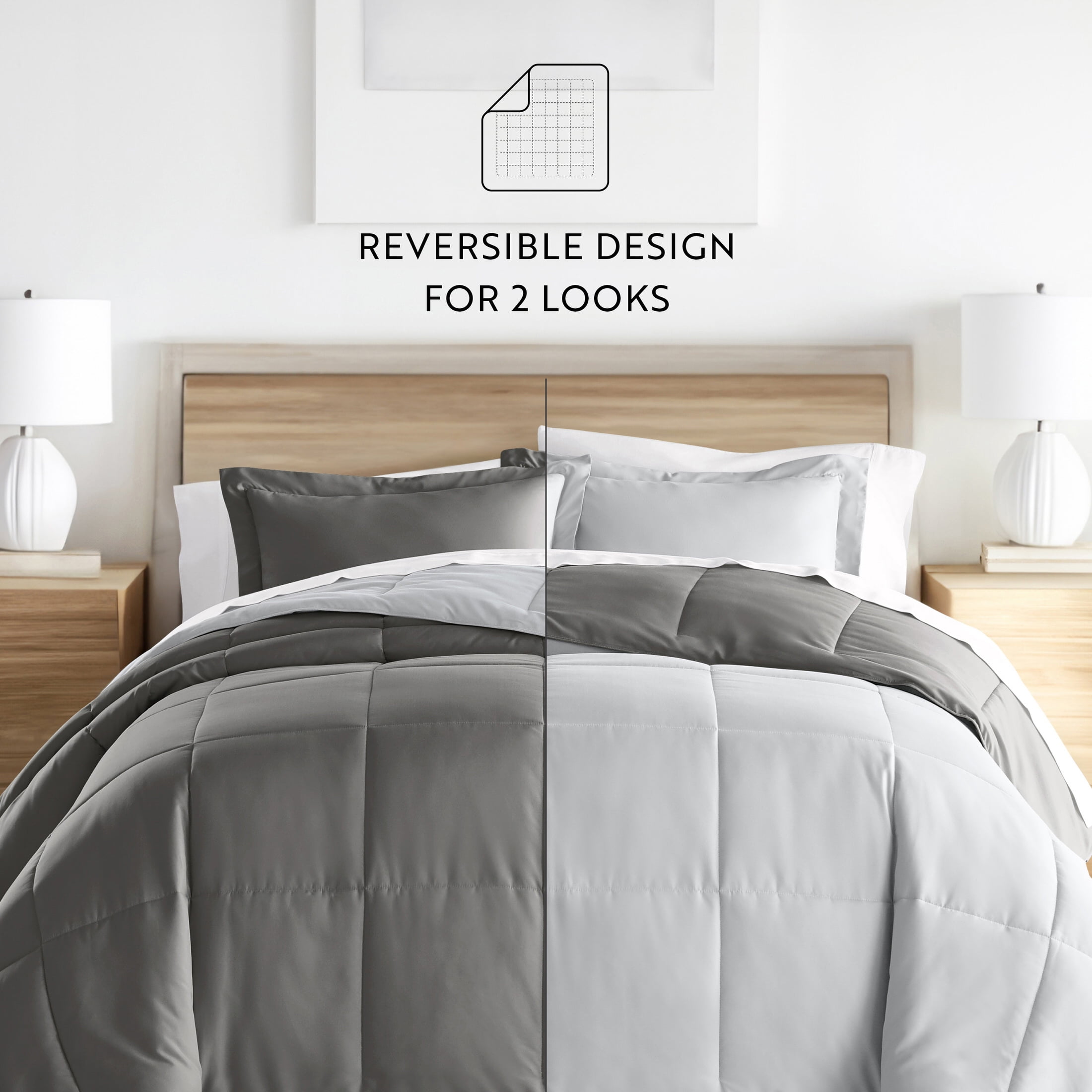 Noble Linens Soft 3-Piece Gray & Silver Reversible All Season Lightweight Down Alternative Comforter Set, Full/Queen