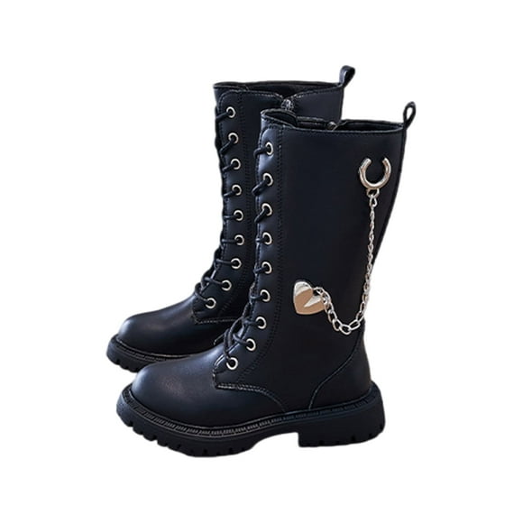 Woobling Girls Tall Booties Lug Sole Biker Boots Knee High Riding Boot Non-Slip Winter Shoes Girl Lace Up Side Zipper Bootie Black 3little kids