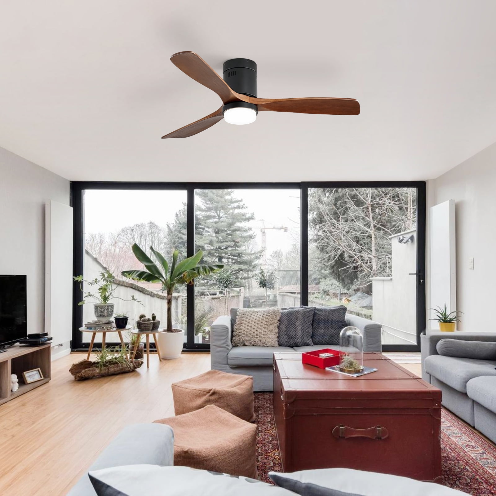 Sofucor 52 Inch Smart Ceiling Fans with Lights-Flush Mount Low Profile Modern Outdoor Solid Wood Ceiling Fans with Alexa/Google Assistant/APP/Remote Control, Brown Black