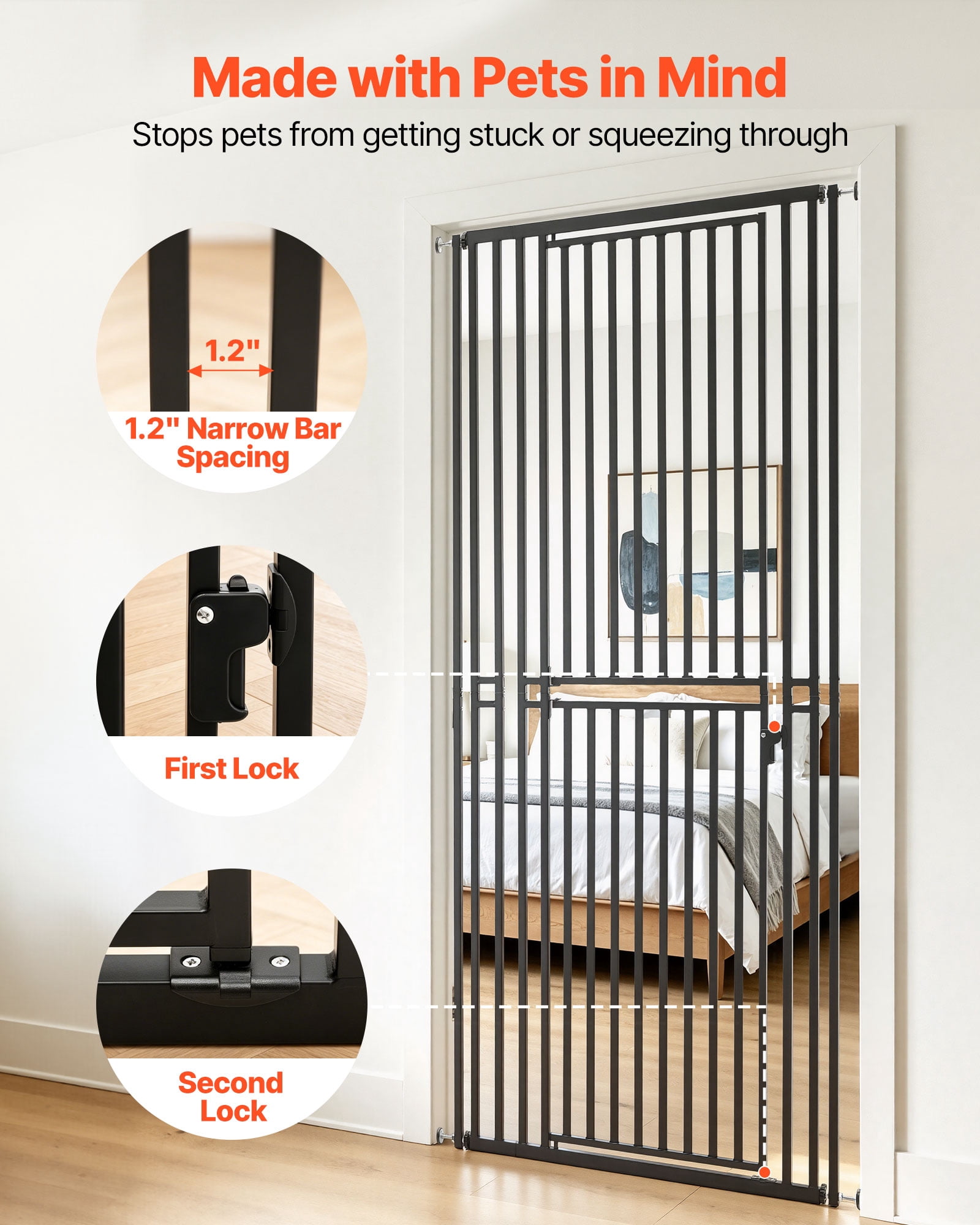 VEVOR Extra Tall Pet Gate for Cats, 28-34 in Adjustable Width, 78.7 in High Dog Gate, with Pressure Mount Kit and Wall Mount Kit, 1.2 in Narrow Bar Spacing, for Stairs, Doorways, and House, White