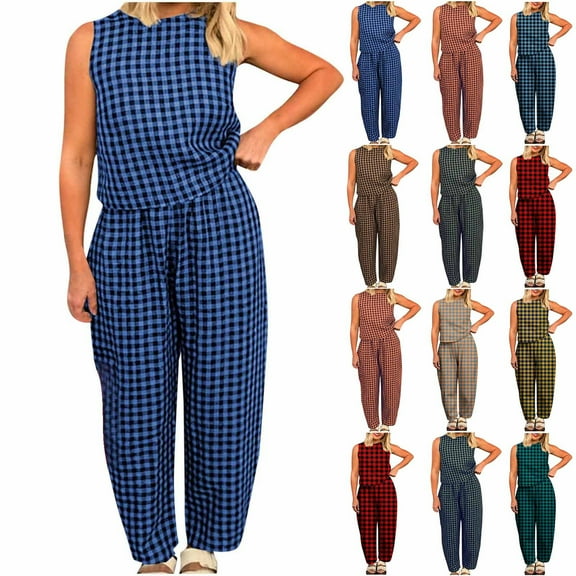 Sentmoon Travel Outfits for Women 2 Piece Sets T-Shirts and Business Pants Plus Size Sleeveless Crew Neck Summer Outfits for Women Loose with Print Tunic Shirts for Women for Casual Style