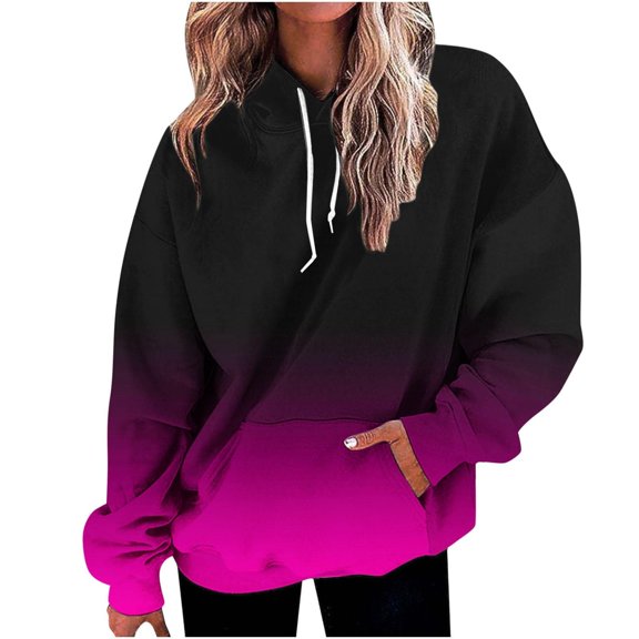 Tunics Women Long Sleeve Winter Fall Loose Fit Hooded Puff One Shoulder Drawstring Gradient Print Leisure Cotton Sweatshirts Hoodies(Hot Pink,M)