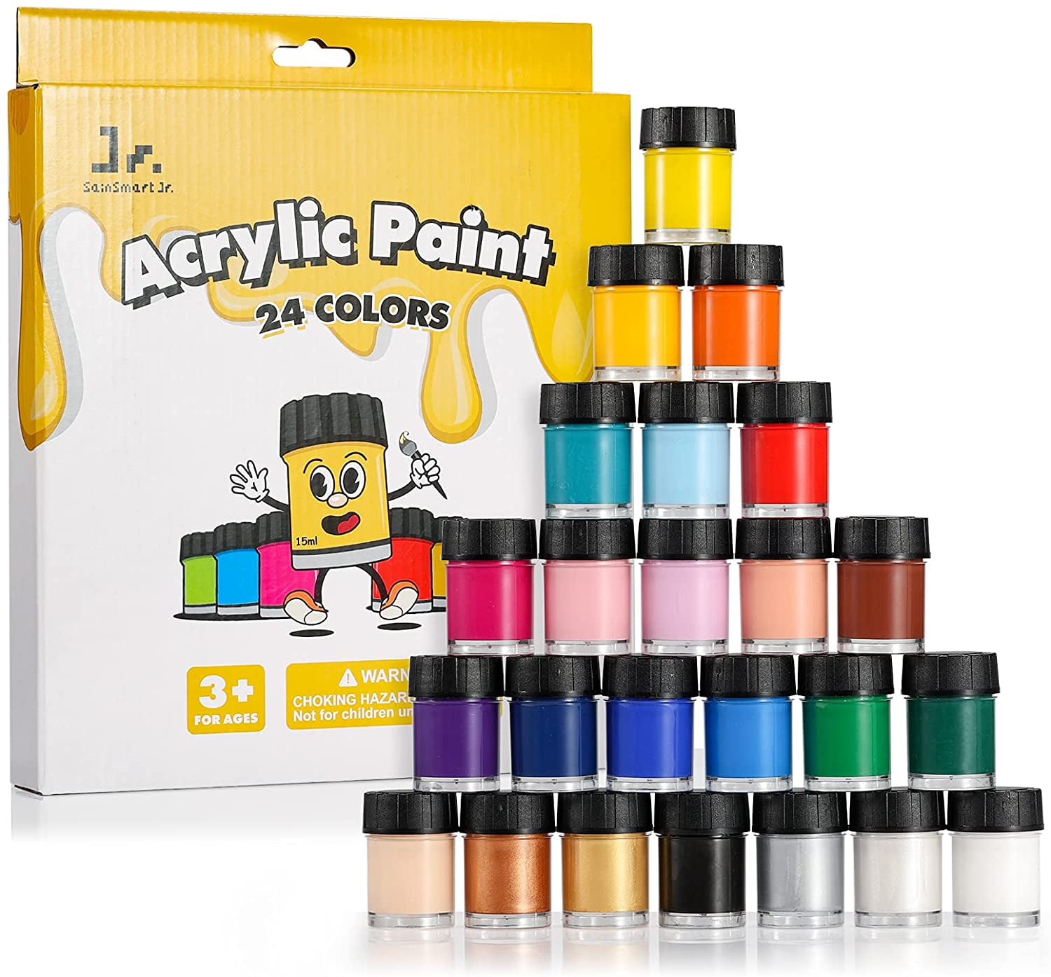 SainSmart Jr. Acrylic Paint Jar Set 24 Colors Art Craft Paint Supplies for Canvas Wood Ceramic Rock Fabrics Stone Model Painting, Non Toxic Paints for Kids Beginners Adults