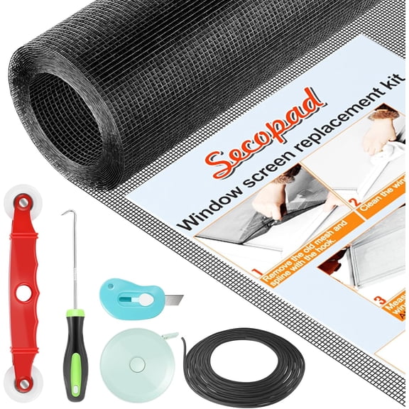 Window Screen Door Repair Kit, 48" x 177" Screen Door Mesh Replacement Kit, Durable Fiberglass Mesh Roll with Tools for Windows Doors Patio and Porch Replacement, Black